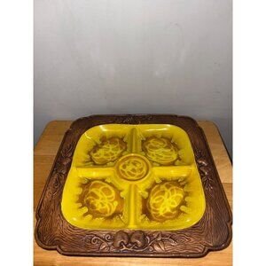 Vintage Treasure Craft Ceramic Divided Serving Tray Platter Yellow Drip Glaze